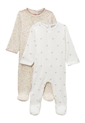 Deux grenouillères pour bébé, l'une blanche avec de petits cœurs gris, l'autre beige avec un motif d'oiseau et de fleurs, toutes deux à manches longues et avec des couvre-pieds.