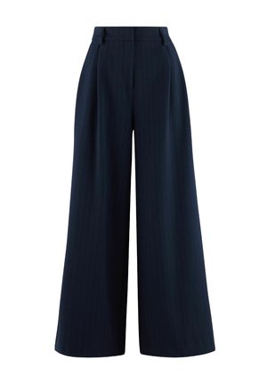 Marinefarbene weit geschnittene Hose aus einem strukturierten Stoff, mit dezenten Nadelstreifen, hoher Taille und Gürtelschlaufen für zusätzliche Details.