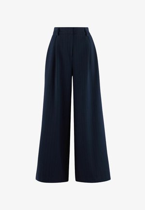 Marinefarbene weit geschnittene Hose aus einem strukturierten Stoff, mit dezenten Nadelstreifen, hoher Taille und Gürtelschlaufen für zusätzliche Details.