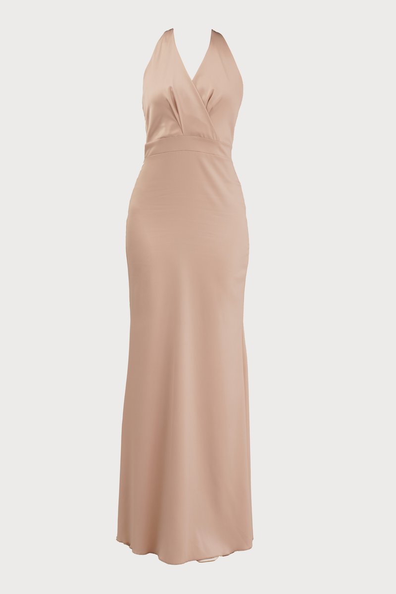 Long, fitted dress in blush satin with a deep V-neck and wrap-style bodice. Smooth texture and floor-length design. No visible hardware or patterns.
