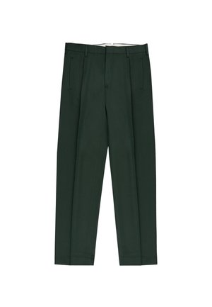 Pantalons verts en tissu texturé, dotés de poches latérales, d'une coupe droite et d'un design sur mesure sans fermetures visibles.