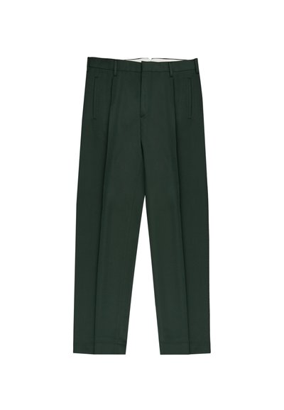 Grüne Hose aus strukturiertem Stoff, mit seitlichen Taschen, geradem Schnitt und tailliertem Design ohne sichtbare Verschlüsse.