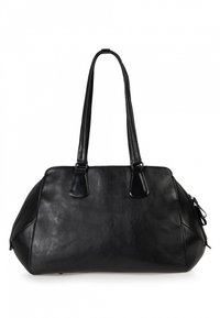 Schwarze Lederhandtasche mit rundem Design, doppelten Griffen und glatter Textur. Verfügt über dezente Nähte und eine seitliche Reißverschlusstasche.