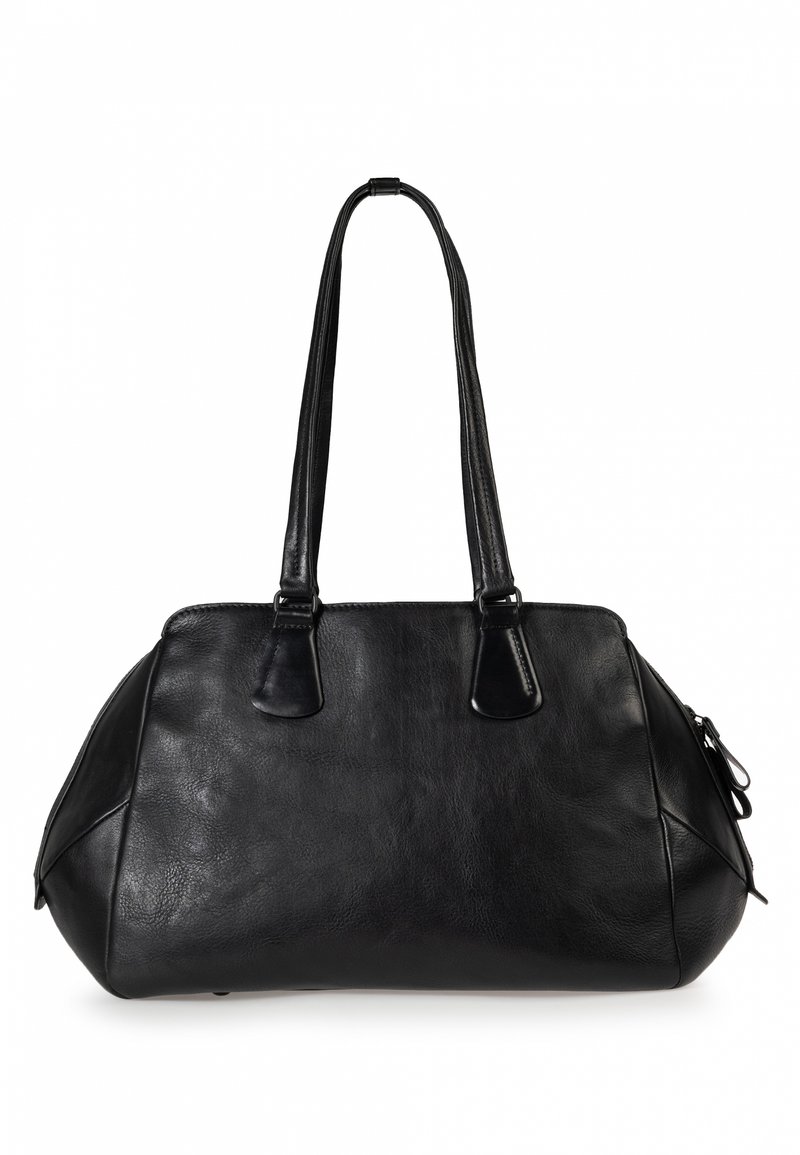 Schwarze Lederhandtasche mit rundem Design, doppelten Griffen und glatter Textur. Verfügt über dezente Nähte und eine seitliche Reißverschlusstasche.