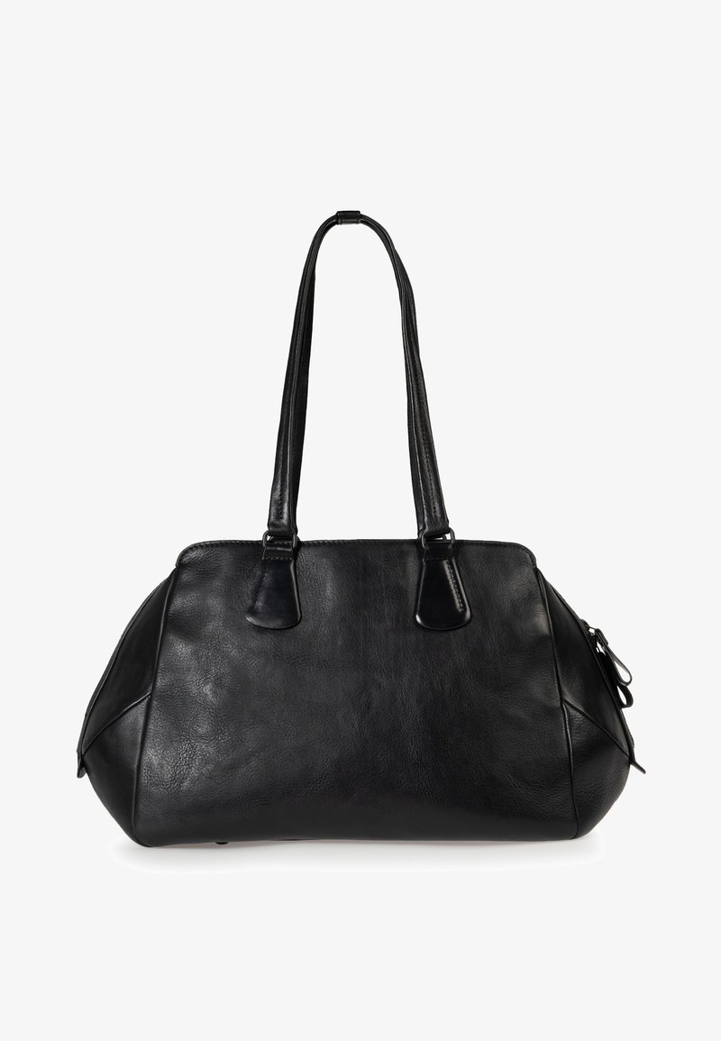 Black leather handbag with a rounded shape, dual handles, and a smooth texture. Features subtle stitching and side zip pocket.