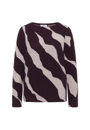 Maglione a maniche lunghe in maglia con strisce ondulate astratte beige e viola scuro, scollo rotondo e bordo dritto.