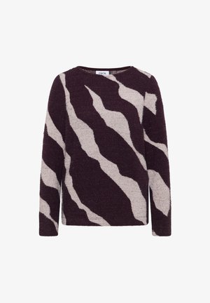 Jersey de manga larga con franjas onduladas abstractas en beige y púrpura oscuro, cuello redondo y dobladillo recto.