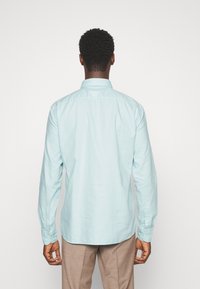 Camicia azzurra chiaro con colletto classico, maniche lunghe e orlo curvo, realizzata in un tessuto tessuto liscio.