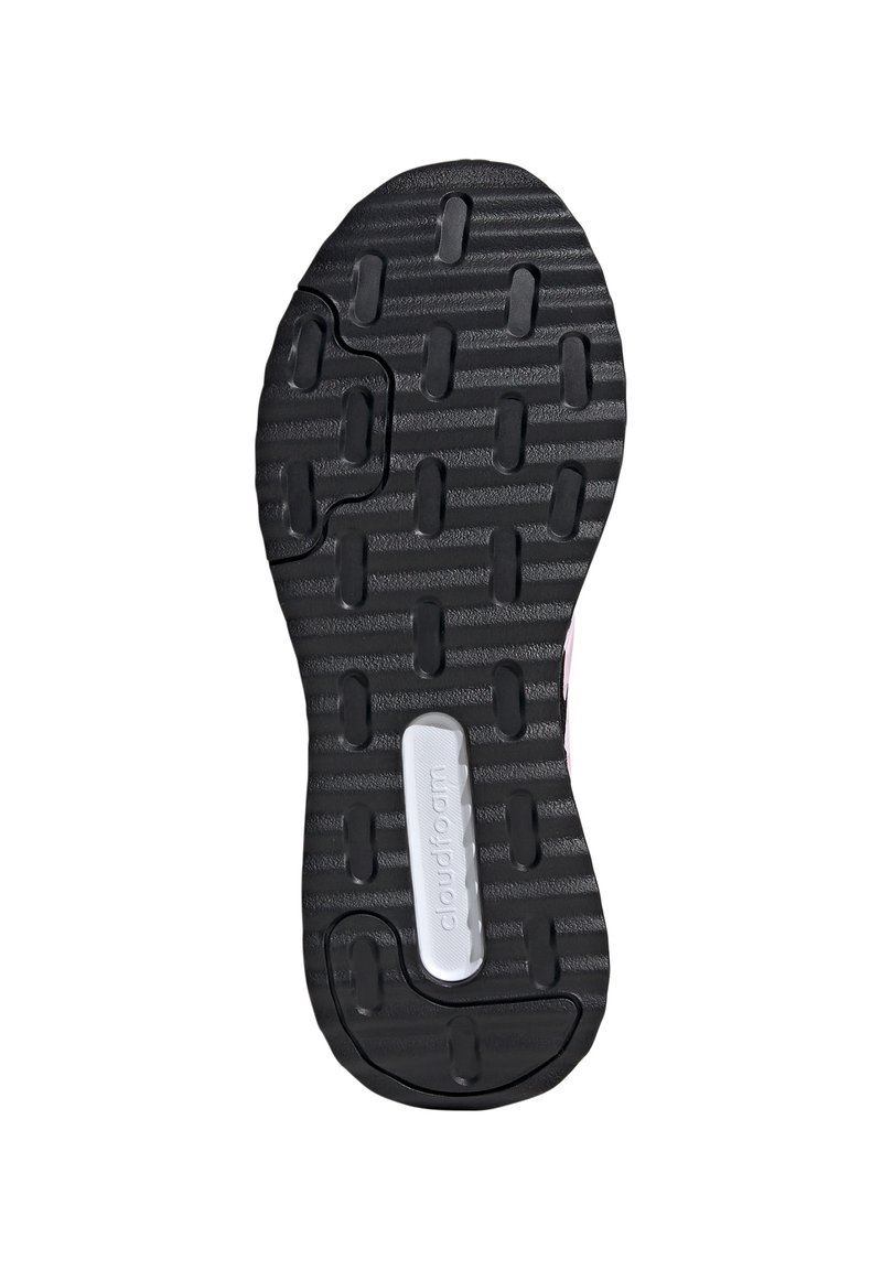 Black rubber outsole with textured tread pattern; features a white "cloudfoam" accent in the center. Curved shape with a slight arch.