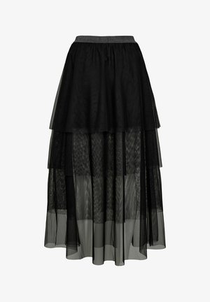 Black layered tulle skirt with sheer lower layers and elastic waistband with silver shimmer detail.