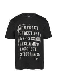 Czarny bawełniany t-shirt z krótkim rękawem; posiada białe teksty w stylu szablonowym przedstawiające motywy sztuki ulicznej na froncie.