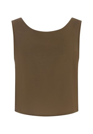 Sleeveless, scoop-neck crop top in solid olive green fabric with a straight hem.
