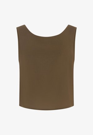 Sleeveless, scoop-neck crop top in solid olive green fabric with a straight hem.