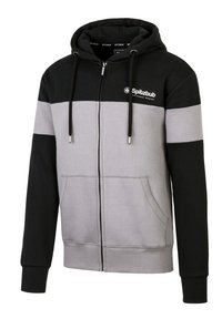 Hooded zip-up sweatshirt in zwart en grijs kleurblokken, met voorzakken, verstelbare koordjes en een logo op de linkerborst.