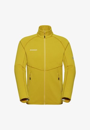 Giacca in pile gialla con colletto alto, zip frontale completa, due tasche laterali e dettaglio con logo sul petto. Caratterizzata da un design delle spalle senza cuciture.