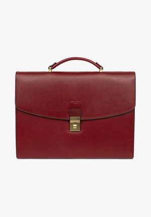 Red leather briefcase with a smooth texture, featuring a flap closure, gold hardware, and a top handle. Simple and rectangular design.