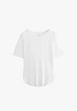 T-shirt bianco a maniche corte con scollatura rotonda, texture liscia e orlo leggermente curvo. Realizzata in tessuto leggero e traspirante.