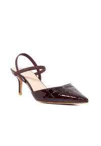 Burgundy patent leather slingback pumps with a pointed toe, textured crocodile pattern, and a thin ankle strap; 3-inch heel.