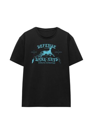 Black T-shirt with blue graphic of a stag and wands, text reading "Defense Against the Dark Arts" and spell names from Harry Potter.