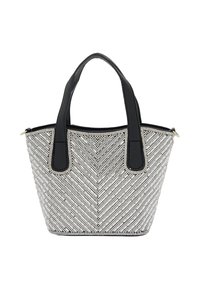 Sort håndtag tote taske med et tekstureret hvidt og sølv perle mønster, der har et chevron design og en lynlåslukning.
