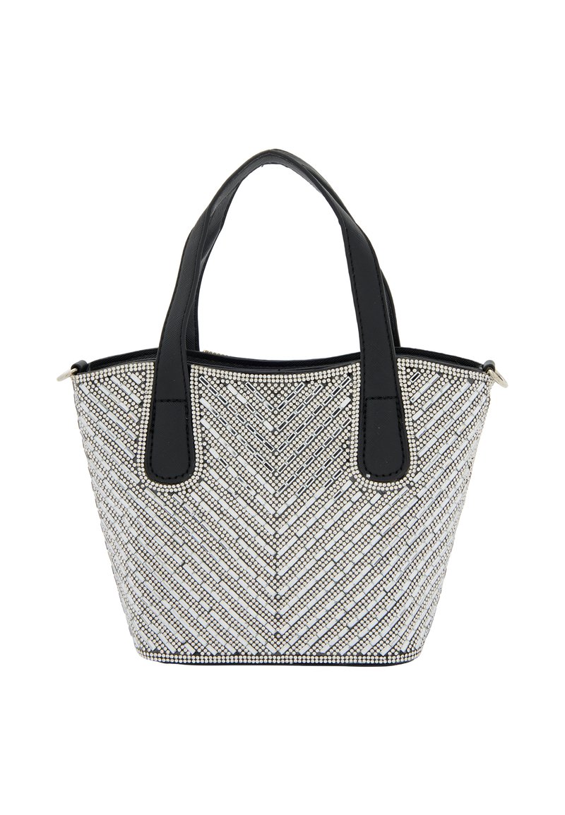 Sort håndtag tote taske med et tekstureret hvidt og sølv perle mønster, der har et chevron design og en lynlåslukning.