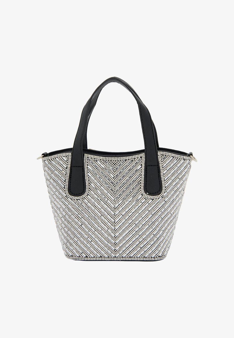 Sort håndtag tote taske med et tekstureret hvidt og sølv perle mønster, der har et chevron design og en lynlåslukning.