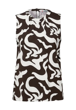 Blouse sans manches avec un motif abstrait en tourbillon noir et blanc, col rond et fermeture éclair au dos.