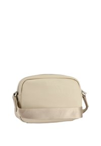 Borsa a tracolla beige realizzata in materiale sintetico liscio, con chiusura a zip e una ampia tracolla in satin per un facile trasporto.