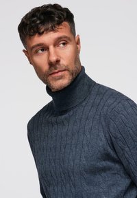 Pull en maille torsadée gris, avec un col montant et un motif texturé, design ajusté avec un léger éclat.