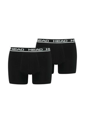 Schwarze Boxer-Briefs aus einem glatten Stoff, mit einem weißen Logo-Bund. Zwei Paare werden angezeigt, die Vorder- und Rückansicht zeigen.