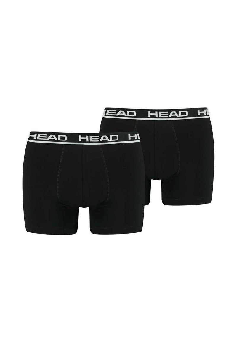 Schwarze Boxer-Briefs aus einem glatten Stoff, mit einem weißen Logo-Bund. Zwei Paare werden angezeigt, die Vorder- und Rückansicht zeigen.