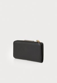 Black leather wallet with a textured finish, rectangular shape, zip closure, and a gold-tone zipper hardware detail.