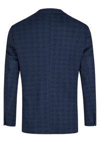 Marineblau maßgeschneiderte Blazer aus strukturiertem Stoff, mit Revers, langen Ärmeln und vier Knopfakzenten an den Manschetten. Rückenschlitzdetails sichtbar.