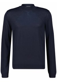 Ilgas rankovės, apvaliu iškirpimu megztinis tamsiai mėlynos spalvos, pagamintas iš švelnaus mezgimo audinio, turintis banguotus rankogalius ir apačią. Lygus paviršius su minimaliais dekoro elementais.