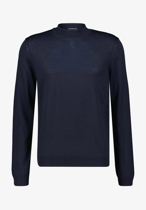 Pull à manches longues et col rond en marine foncé, fabriqué en tissu tricot doux, avec des poignets et un ourlet côtelés. Texture lisse avec un minimum de détails.