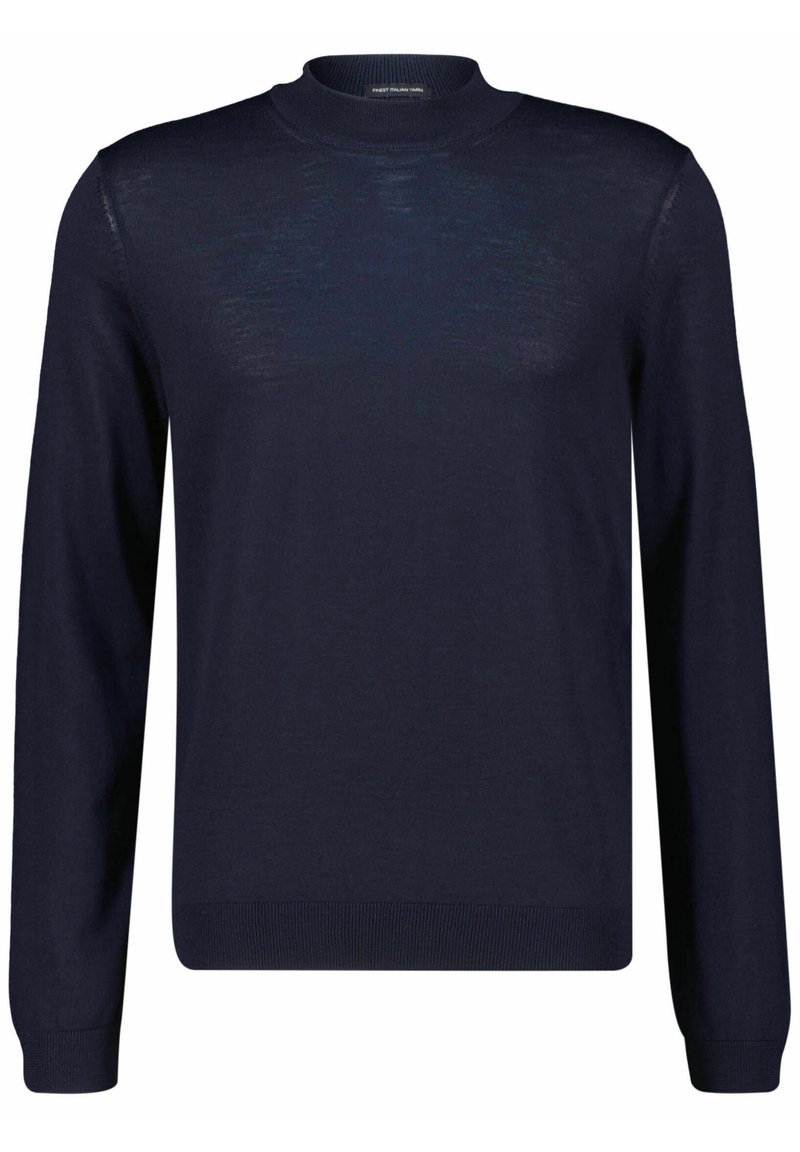 Ilgas rankovės, apvaliu iškirpimu megztinis tamsiai mėlynos spalvos, pagamintas iš švelnaus mezgimo audinio, turintis banguotus rankogalius ir apači�ą. Lygus paviršius su minimaliais dekoro elementais.