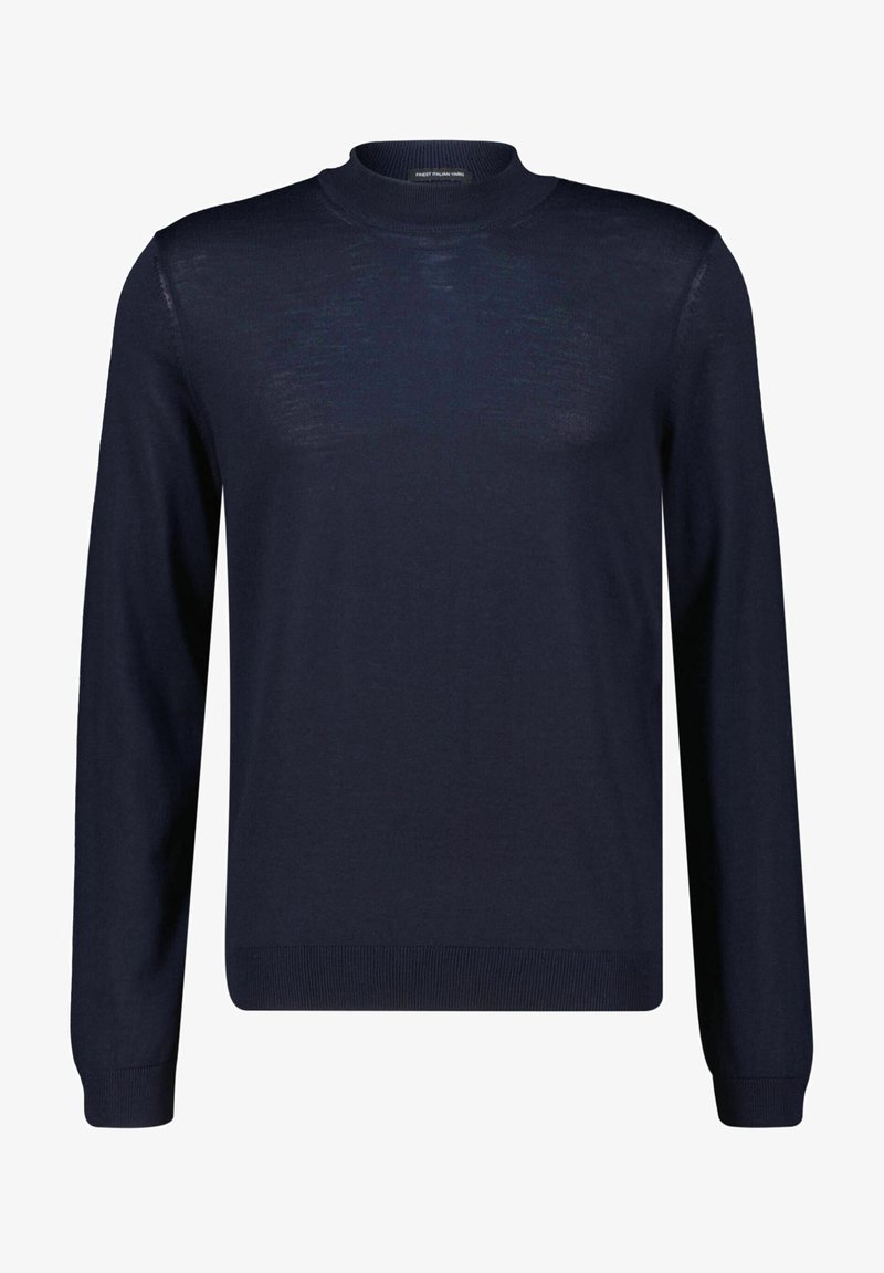 Pull à manches longues et col rond en marine foncé, fabriqué en tissu tricot doux, avec des poignets et un ourlet côtelés. Texture lisse avec un minimum de détails.