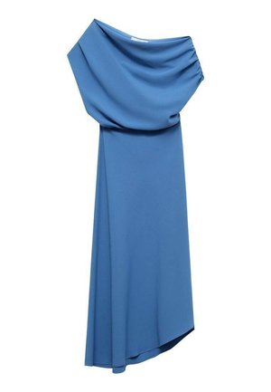Blue dress made of smooth, lightweight fabric with a draped neckline, asymmetrical hem, and gathered side detail.