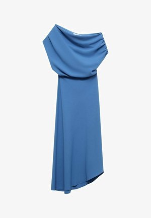 Modrá šaty vyrobené z hladké, lehké látky s drapovaným výstřihem, asymetrickým spodním lemem a nařaseným bočním detailem.