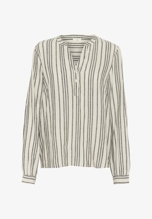 Lahka bluzica s dolgimi rokavi v off-white barvi z črnimi navpičnimi črtami. Ima henley ovratnik s delnim gumbnim zapiranjem in manšete.