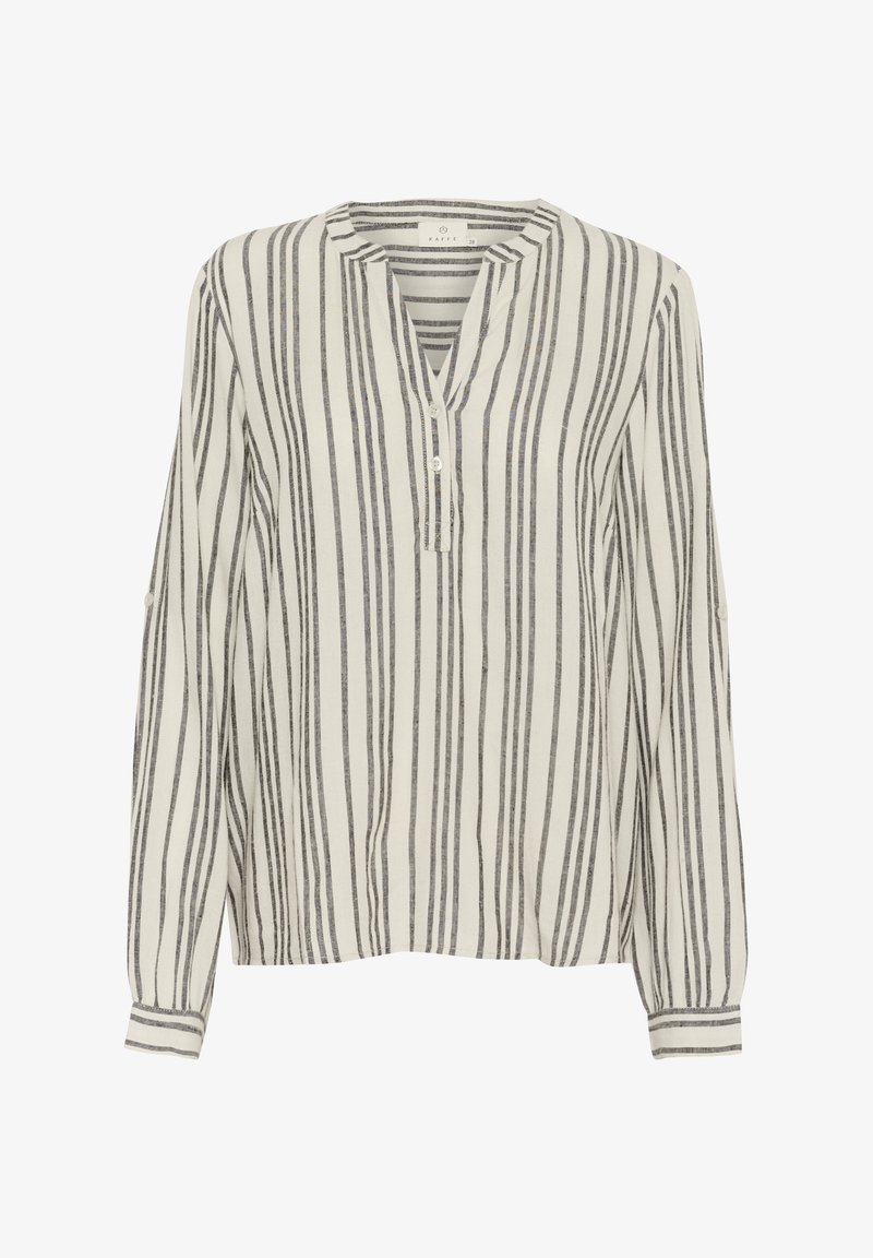 Chemisier léger à manches longues en blanc cassé avec des rayures verticales noires. Il présente un col henley avec une fermeture à boutons partielle et des poignets.