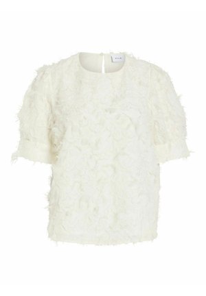 Hvid kortærmet bluse med tekstureret blomsterstof og rund halsudskæring, med knaplukning bagpå.