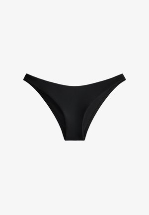 Zwarte bikini bottom met ribbelstructuur, featuring een hoge snit en minimale bedekking. Soepele randen en een klassieke vorm.