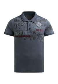 Gray cotton polo shirt with a collar, featuring printed text and graphics in darker shades and red accents. Short sleeves and a relaxed fit.