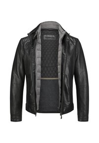 Schwarze Lederjacke mit einem grauen, gesteppten Innenfutter. Verfügt über einen Stehkragen, einen Reißverschluss vorne und Seitentaschen. Taillierte Passform mit minimaler Detailgebung.