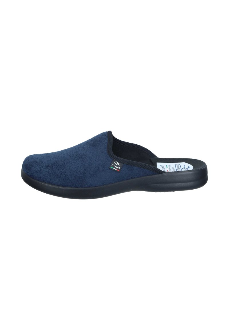 Pantofole blu navy realizzate in morbido camoscio con suola in gomma nera e bordino elastico. Presentano un'etichetta con logo sul lato. Design con retro chiuso.
