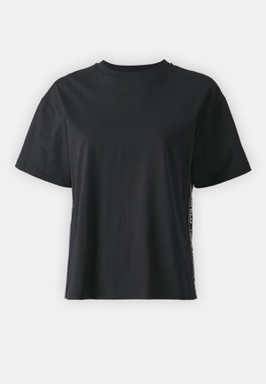 Black short-sleeve cotton t-shirt with a relaxed fit and contrasting side panel featuring small text and design details.