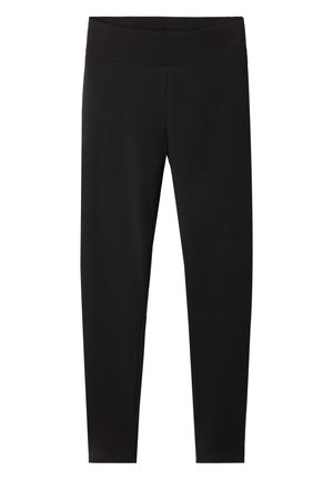 Leggings noirs avec une large ceinture élastique. Fabriqués dans un matériau lisse et extensible, ajustés pour une silhouette cintrée et sans motifs visibles.