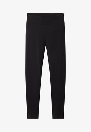 Svarta leggings med ett tjockt, elastiskt midjeband. Tillverkade av ett glansigt, stretchigt material som är skräddarsytt för en figurnära siluett utan synliga mönster.