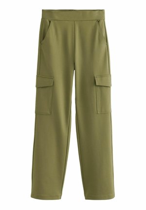 Pantaloni cargo de culoare verde măslin, cu buzunare laterale cu clapetă, talie elastică și croială relaxed straight-leg.